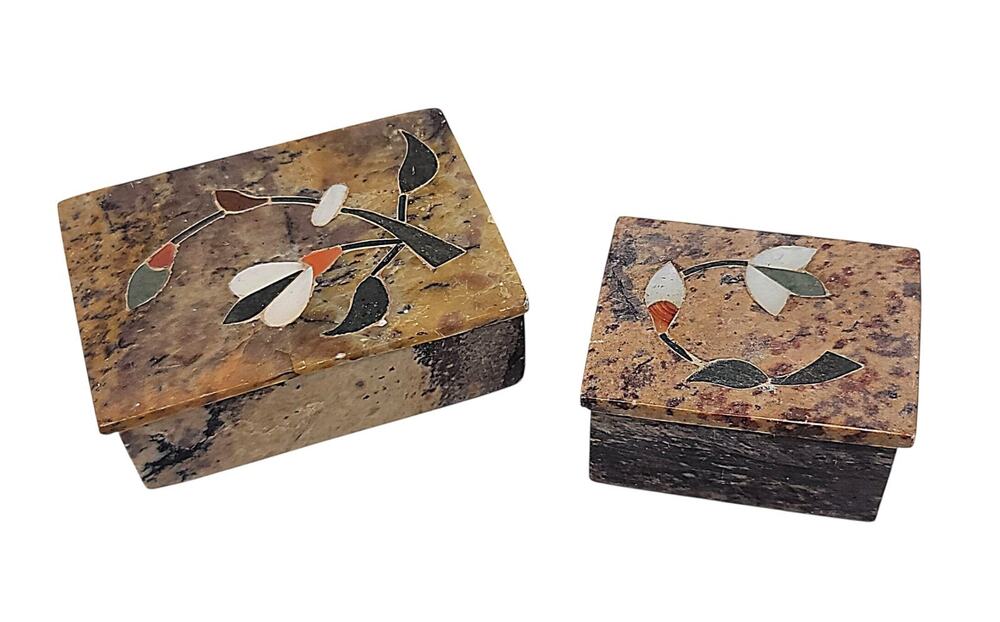 Vtg Set 2 Fetco India Soapstone Mother Of Pearl Inlay Jewelry Trinket Box - TRB